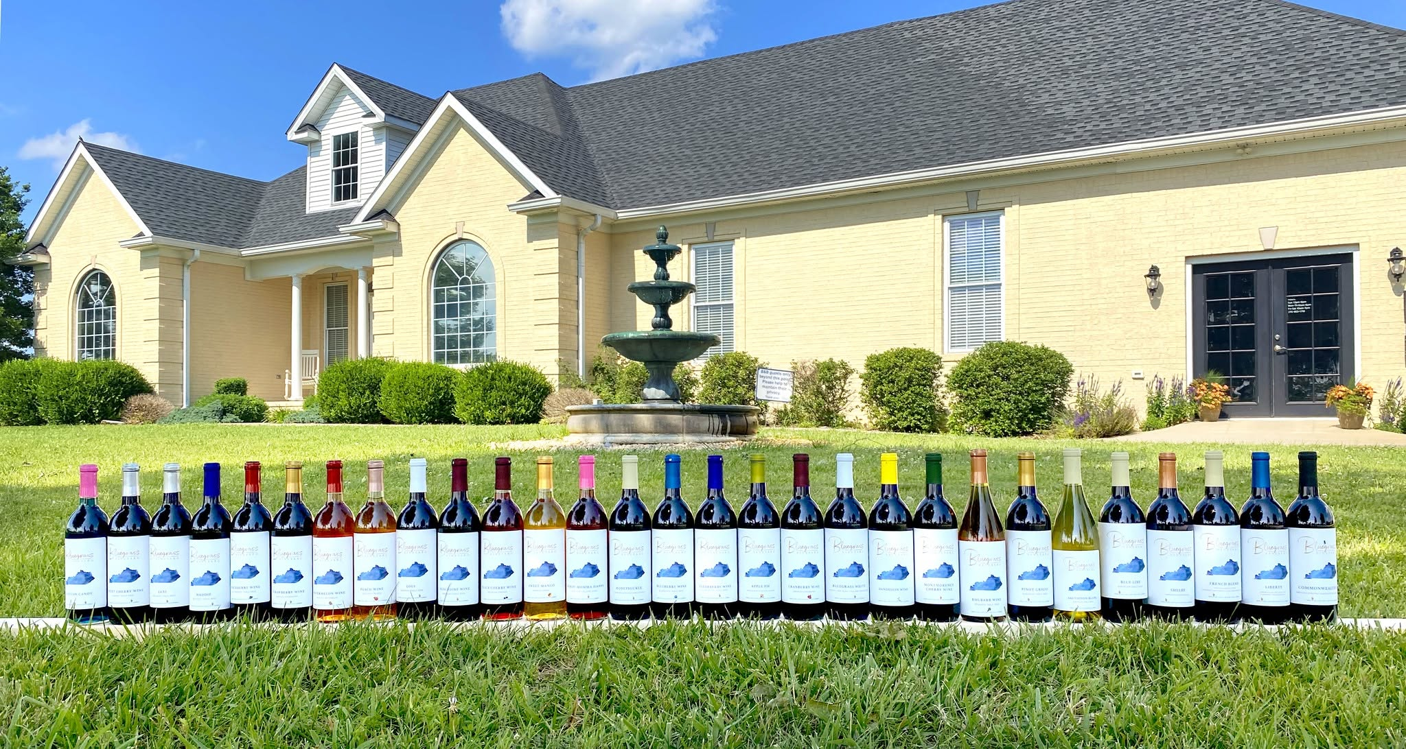 Row of wines in front of tasting room at Bluegrass Vineyard in Smiths Grove Kentucky