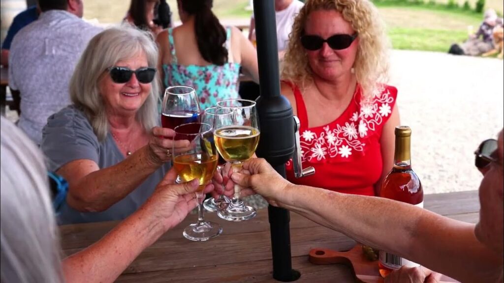 kentuckians clinking wine glasses in a cheer at Bluegrass Vineyard in Smiths Grove Kentucky